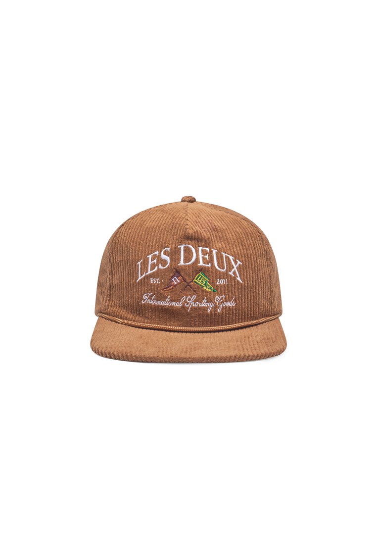Brown corduroy cap with a flat brim and embroidered text "LES DEUX," featuring colorful accents and a textured fabric.