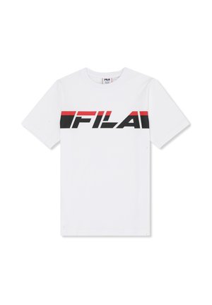 T-shirt bianca a maniche corte con logo FILA in lettere cubiche nere e rosse sul petto.