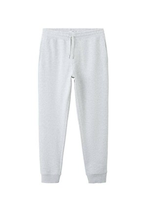 Pantalones deportivos de color gris claro con cintura elástica y cordón. Presentan puños acanalados y una textura suave y lisa. Adecuados para uso casual.