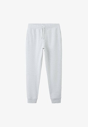 Sive sportske hlače svijetle boje s elastikom u pojasu i vezicom. Imaju rebraste manžete i glatku, mekanu teksturu. Pogodne za ležerno nošenje.