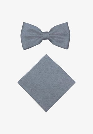 Gray fabric bow tie and matching pocket square set displayed on a white background.