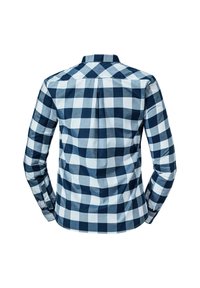 Hedvábná košile s dlouhým rukávem, kostkovaná v námořnické modré a bílé, s límečkem na knoflíky a zadním skladem pro pohodlný pohyb.