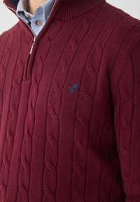 Maglione a maglia bordeaux con un motivo a treccia testurizzato, colletto con zip e un piccolo logo blu sul petto.