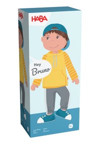 Box showing a cartoon boy in a blue cap, yellow hoodie, gray pants, and blue sneakers with the text "Hey Bruno" and "HABA" logo.