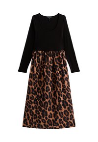 Abito nero a maniche lunghe con scollatura rotonda, dotato di un gonnellino con stampa leopardata in marrone e nero, creando un design bicolore a contrasto.