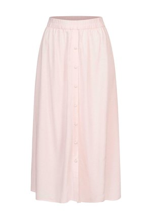 Light pink A-line midi skirt, featuring a relaxed elastic waistband and a front button closure with multiple buttons down the center.