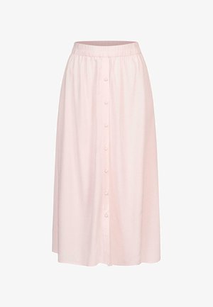 Világos rózsaszín, A vonalú midi szoknya, laza, gumis derékkal és elöl gombos záródással, középen több gombbal.