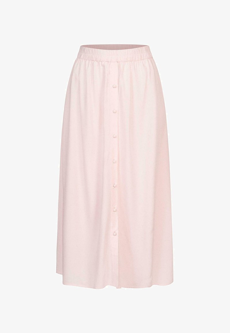 Világos rózsaszín, A vonalú midi szoknya, laza, gumis derékkal és elöl gombos záródással, középen több gombbal.