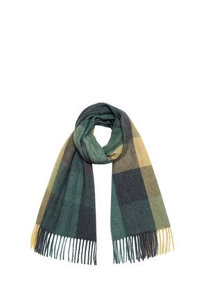 Knitted wool scarf with green, yellow, and gray large checkered pattern, looped style with fringed ends on a white background.
