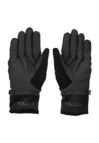 Gants noirs avec une finition texturée et des sections lisses au bout des doigts. Ils présentent un logo sur le poignet et une sangle ajustable pour un maintien sécurisé.