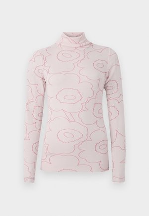 Light pink turtleneck top with long sleeves, featuring a floral pattern in darker pink outline. Soft material, form-fitting design.
