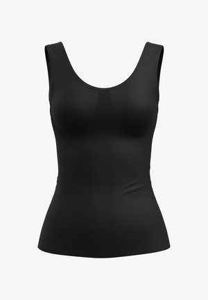 Zwart mouwloos nauwsluitend tanktop met een ronde halslijn, naadloos ontwerp en gladde stoftextuur, weergegeven tegen een effen witte achtergrond.