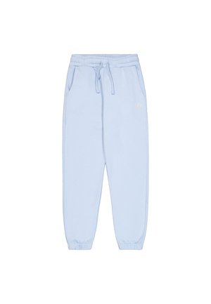 Lichtblauwe sweatpants van zacht stof, met een elastische tailleband met trekkoord, zijzakken en taps toelopende boorden. Eenvoudig ontwerp met logo-accent.