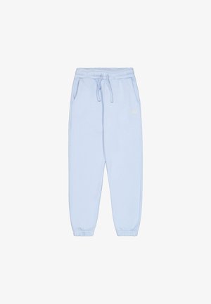 Lichtblauwe sweatpants van zacht stof, met een elastische tailleband met trekkoord, zijzakken en taps toelopende boorden. Eenvoudig ontwerp met logo-accent.