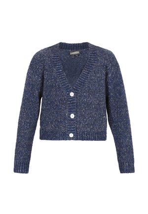 Cardigan lavorato a maglia blu navy con scollo a V, maniche lunghe e bottoni bianchi. Presenta un motivo testurizzato, lunghezza cropped e polsini a coste.
