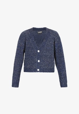 Navy gestrickte Strickjacke mit V-Ausschnitt, langen Ärmeln und weißen Knöpfen. Verfügt über ein strukturiertes Muster, eine verkürzte Länge und gerippte Bündchen.