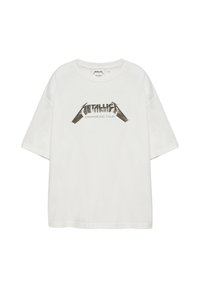 T-shirt blanc à manches courtes avec le logo Metallica et le texte "Damage, Inc. Tour" imprimé en gris au centre devant.