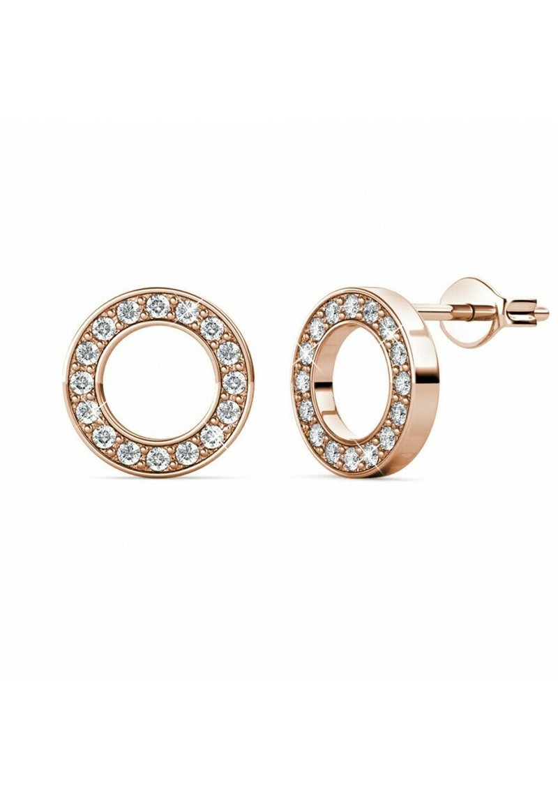 Orecchini a bottone circolari in oro rosa con un bordo di pietre trasparenti e un design interno vuoto, caratterizzati da una superficie lucida e una chiusura posteriore sicura.