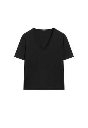 T-shirt noir à manches courtes en V, au design simple et ajusté, sur fond blanc.