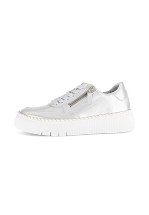 Silver leather sneaker with a white textured platform sole, featuring lace and zip closures, stitched detailing along the upper.