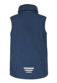 Navy sleeveless vest featuring a high collar, smooth texture, and reflective accent details at the back near the hem.