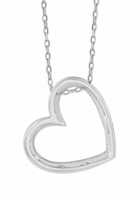 Strieborný prívesok v tvare srdca na retiazke s článkami. Srdce má hladký, leštený povrch a otvorený obrysový dizajn.