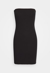 Robe noire moulante sans bretelles en tissu côtelé, présentant une silhouette ajustée, une texture lisse, sans éléments métalliques visibles ni ornements.