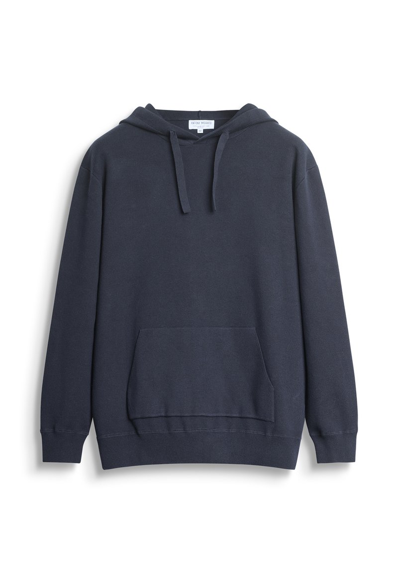 Felpa blu navy realizzata in misto cotone, con tasca a marsupio frontale, cappuccio con cordino e polsini e orlo a costine.