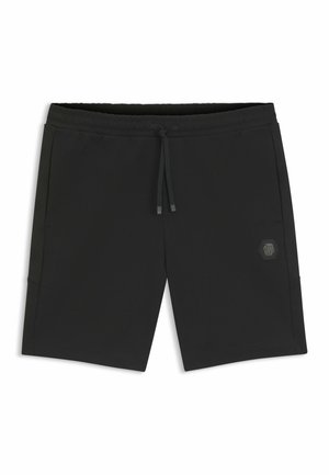 Sorte sportshorts lavet af et glat materiale. Funktionen inkluderer en elastisk talje, snor, sidelommer og teksturerede detaljer på siden.