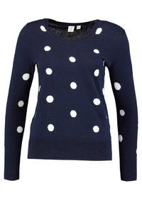 Granatowy sweter z długimi r�ękawami i okrągłym dekoltem, ozdobiony białymi kropkami. Wykonany z miękkiego materiału o gładkiej fakturze.