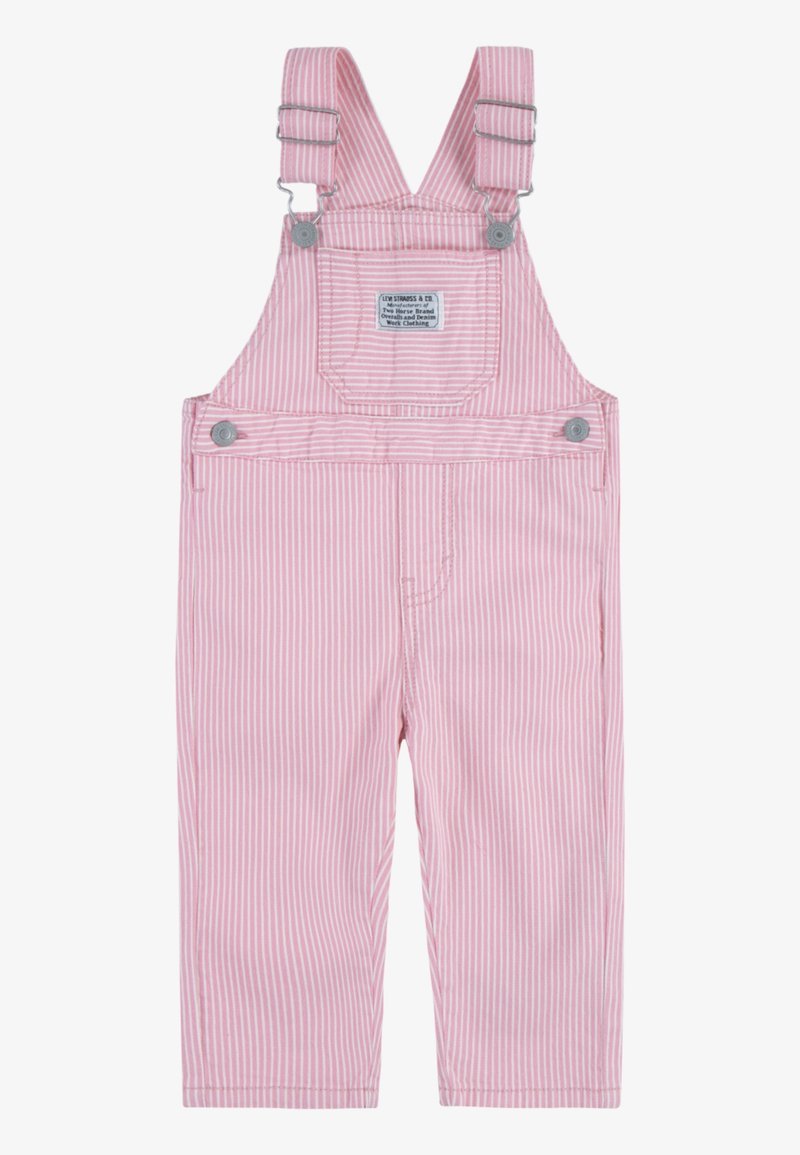 Salopette pour tout-petit à rayures verticales roses et blanches avec poche poitrine avant et bretelles réglables avec boucles en métal.