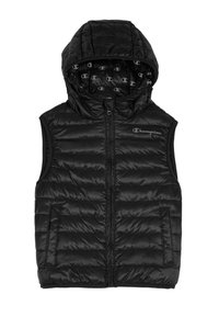 Schwarze Steppweste mit Kapuze, horizontal gestepptem Design, Frontreißverschluss und Seitentaschen. Innenausstattung mit wiederkehrendem Logomuster.