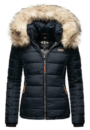 Navy blue puffer jacket with a faux fur-lined hood, quilted design, zip closure, and brown leather accents on pockets and cuffs.