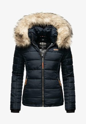 Navy blue puffer jacket with a faux fur-lined hood, quilted design, zip closure, and brown leather accents on pockets and cuffs.