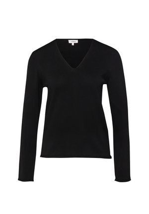 Zwart, lange mouwen, V-hals trui met een rechte zoom en een aansluitende pasvorm, weergegeven op een witte achtergrond.