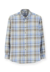 Overhemd met knopen in een blauwbruin geruit patroon, voorzien van een kraag, lange mouwen en een afgeronde zoom. Gemaakt van lichtgewicht stof.