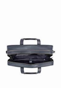 Granatowa skórzana aktówka z dwiema górnymi rączkami, zamkiem błyskawicznym oraz przestronnym wnętrzem z wieloma przegródkami i elegancką fakturą.