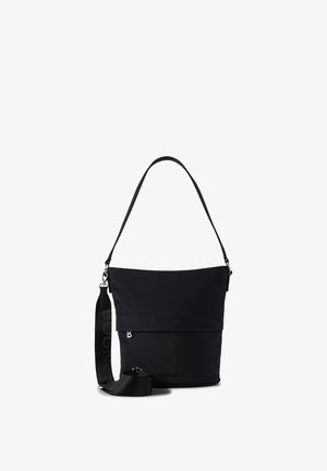 Black shoulder bag with adjustable strap, zippered main compartment, and subtle brand logo on front.