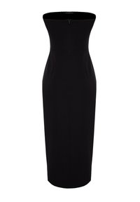 Robe midi noire sans bretelles avec une silhouette ajustée, en tissu lisse, fermeture zippée sur le côté et plis subtils à la taille pour la structure.