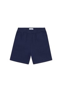Șorturi bleu marin dintr-un material texturat, cu o talie elastică, dotate cu buzunare laterale și un design simplu.