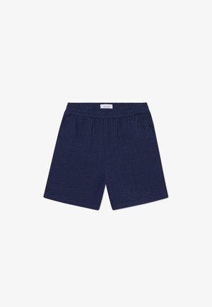Mørkeblå shorts laget av strukturet stoff med elastisk liv, med sidelommer og et enkelt design.