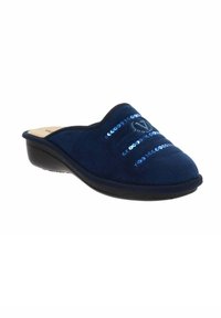 Pantofola blu navy in morbido scamosciato con paillettes decorative e una soletta imbottita, caratterizzata da una punta arrotondata e una suola bassa e leggera.