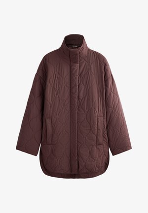 Burgundy quilted jacket with a high collar, featuring a seamless design, two side pockets, and a rounded hem. Smooth, lightweight fabric.