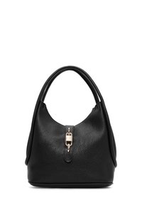 Borsa hobo in pelle nera con finitura testurizzata, caratterizzata da una forma rotonda, manici doppi e un dettaglio di chiusura in hardware dorato sulla parte superiore.
