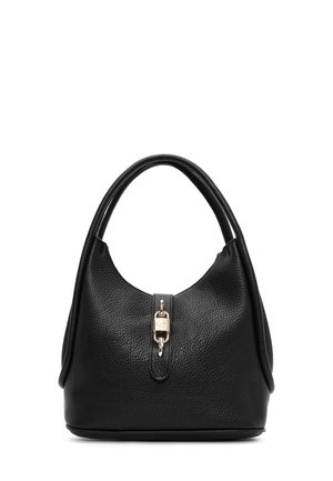 Borsa hobo in pelle nera con finitura testurizzata, caratterizzata da una forma rotonda, manici doppi e un dettaglio di chiusura in hardware dorato sulla parte superiore.