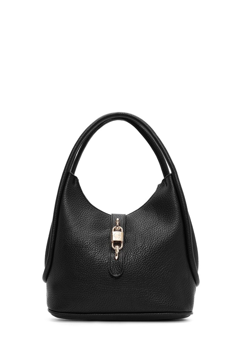 Borsa hobo in pelle nera con finitura testurizzata, caratterizzata da una forma rotonda, manici doppi e un dettaglio di chiusura in hardware dorato sulla parte superiore.