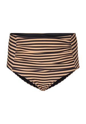 Hoge taille bikini onderkant met horizontale strepen in beige en zwart, voorzien van een geplooide textuur aan de zijkanten voor extra detail.
