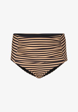 Aukštai juosmeninės bikinio kelnaitės su horizontaliomis juostelėmis, smėlio ir juodos spalvos, su susiraukšlėjimu šonuose, kad suteiktų papildomo akcento.
