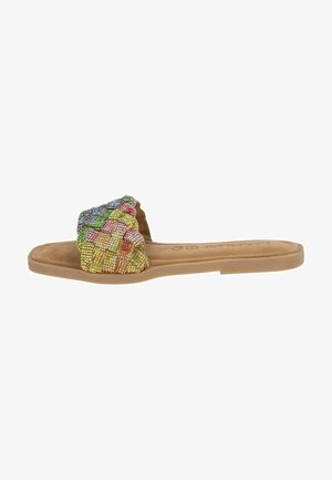 Sandale à talon plat avec un dessus tissé en strass multicolores. Semelle intérieure douce beige et semelle texturée, conçue pour un usage décontracté.
