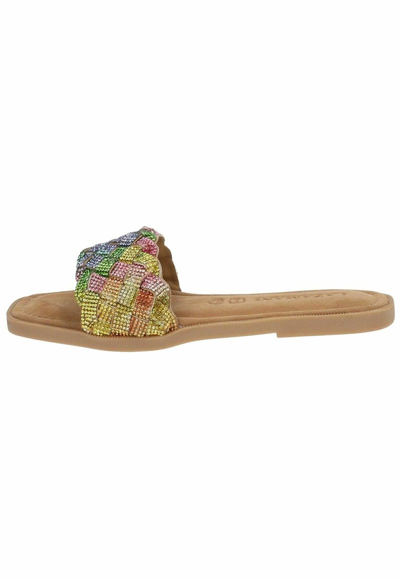 Platte slide sandaal met een gevlochten bovenwerk in multicolore strass. Zachte, beige voetbed en gestructureerde zool, ontworpen voor casual gebruik.